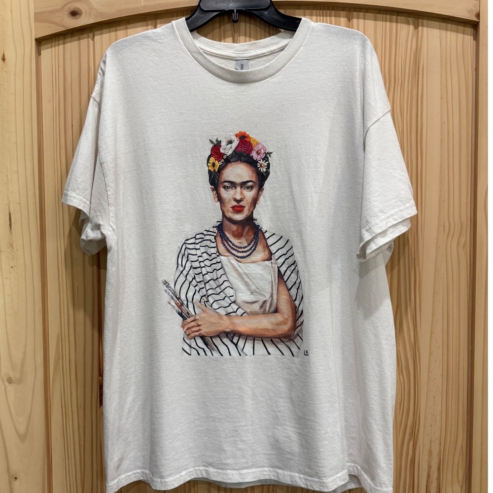 Gildan Frida Kahlo Graphic T-Shirt White Art Portrait Short Sleeve XL